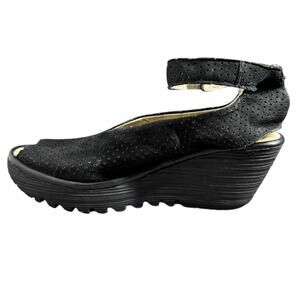 FLY London YALA Perforated Wedge Open Toe Sandal Black Women 39 US8-8.5 Minimal